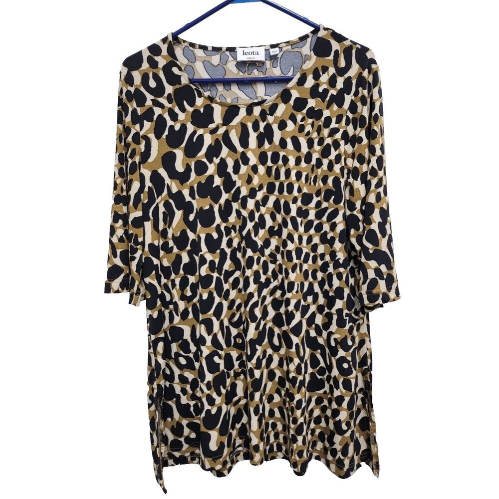 Leota Tunic Top Womens Medium Tan Black Animal Print 3/4 Sleeve Office Casual